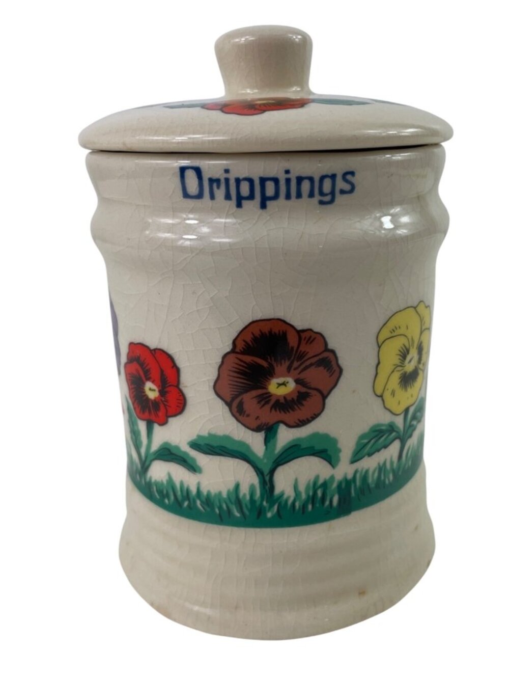 Ceramic Drippings Jar With Lid Featuring Hand-Painted Pansy Flowers Vintage